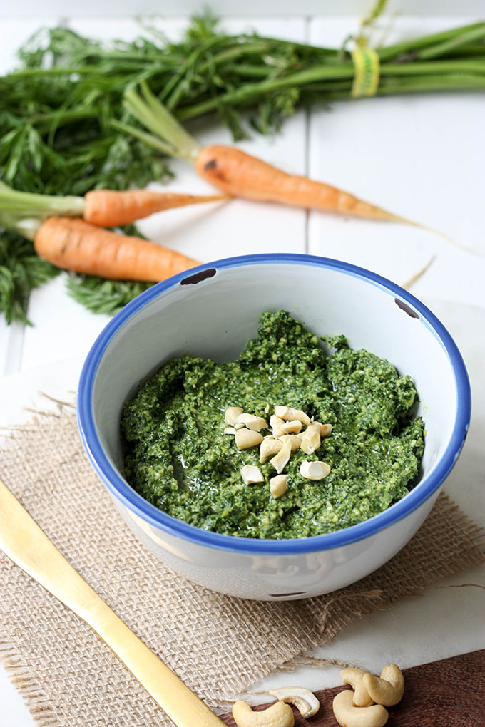 Carrot Top Pesto - a perfect use to an underutilised vegetable! Tangy, delicious and so easy www.thehomecookskitchen.com