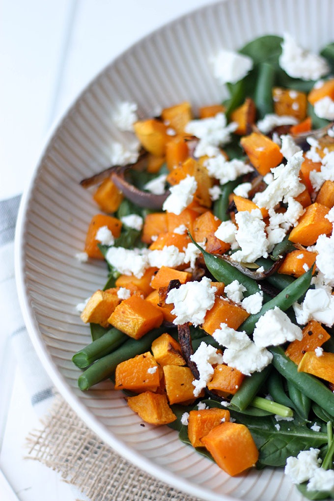 Simple Dinner for Four - butternut squash, green bean, feta and spinach salad