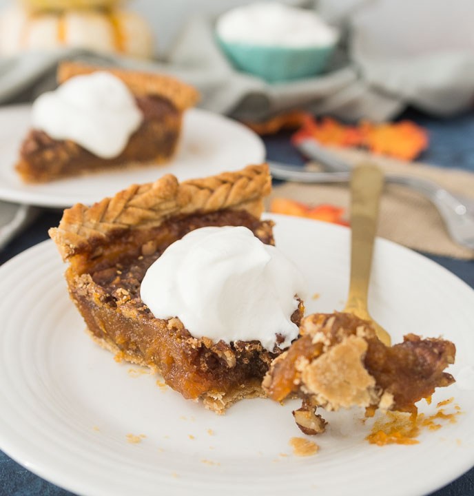 sweet potato pecan pie on white bowl