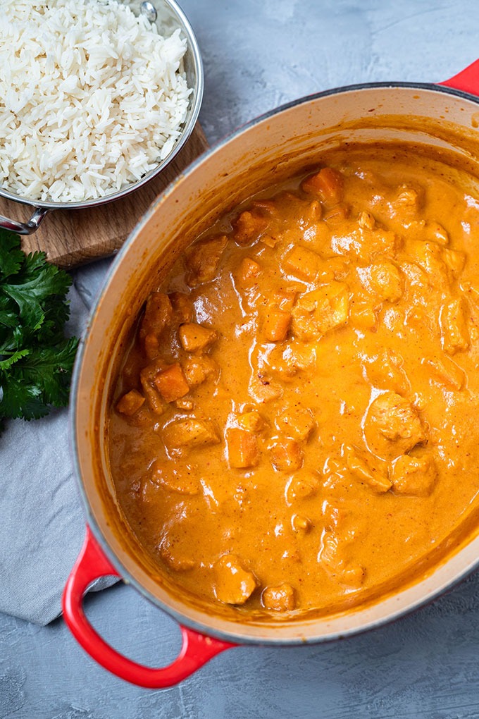 cooked chicken massaman curry in dutch oven