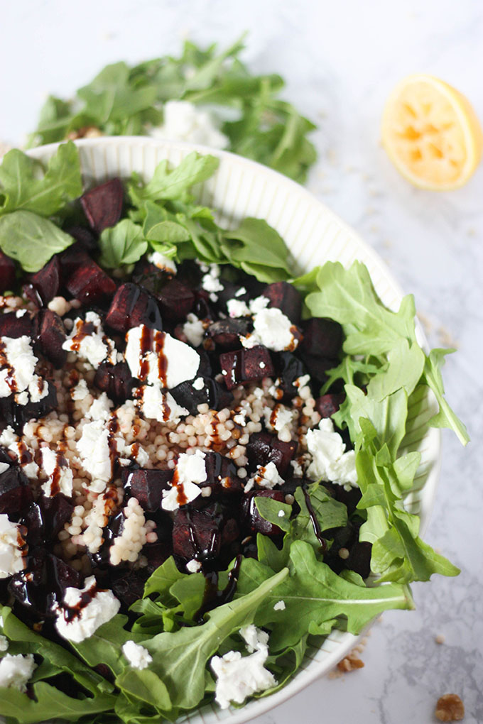beetroot goat cheese salad in white bowl