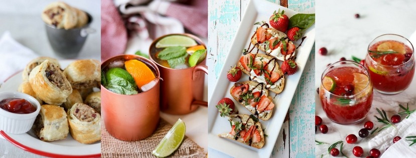 collage of four images, from left to right - pork sausage rolls, moscow mules, strawberry bruschetta and cranberry bourbon cocktails