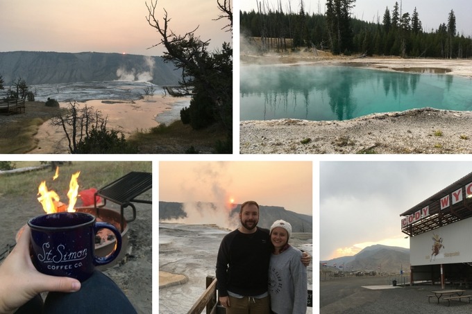the road trip - from top to bottom. Image one - geysers at sunrise, blue pool, coffee mug in front of fire, adam and I at sunrise, cody rodeo