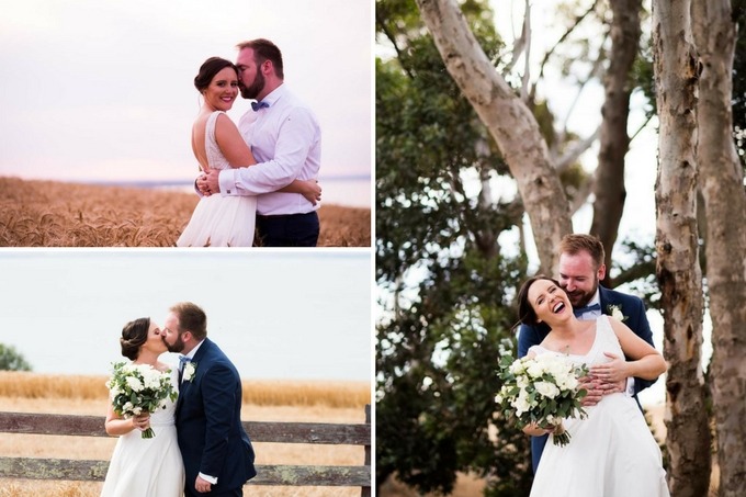 collage of our wedding from top down - adam and I in a field, at the alter and posing in front of gum trees