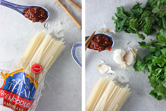 side by side collage of rice noodles, garlic, mint and chilli paste