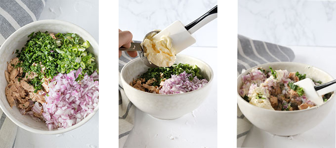 three images in a row, first image salmon dip ingredients in bowl, second image mayo being poured in, third image mayo being stirred