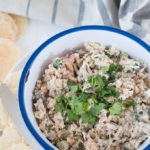 white bowl with blue rim, crackers on left hand side, bowl filled salmon dip