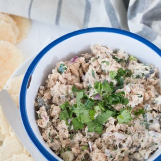 white bowl with blue rim, crackers on left hand side, bowl filled salmon dip
