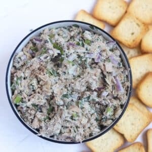 salmon dip in bowl surrounded by mini toasts.