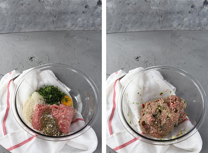 step one process shots from left to right. image one lamb burger ingredients in glass bowl. image two lamb burger ingredients mixed together