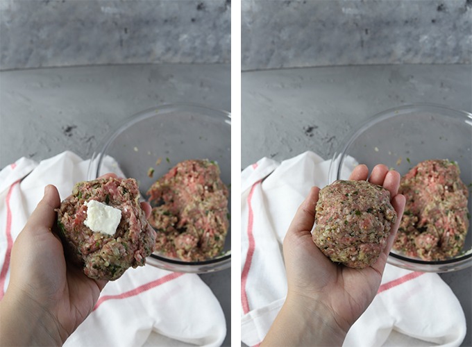 step two process image from left to right. left image hand holding raw lamb burger with piece of feta in centre. image two hand holding burger, feta encased in meat