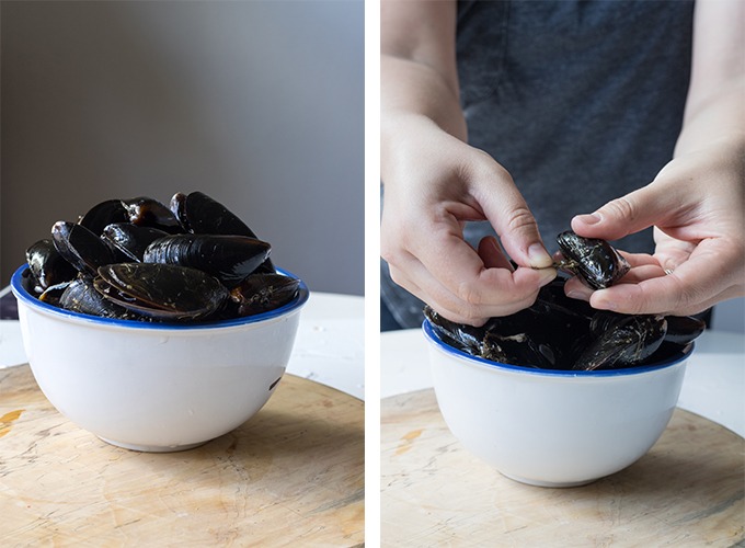 image collage from left to right. first image - mussels in a white bowl on a wooden board, second photo showing how to debeard mussels