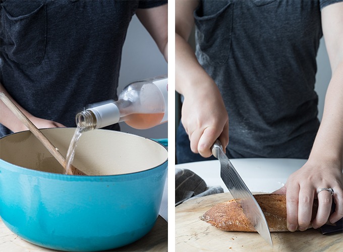 image collage from left to right. Left image rosé being poured into blue dutch oven to deglaze, second image person standing behind bread board on table chopping bread
