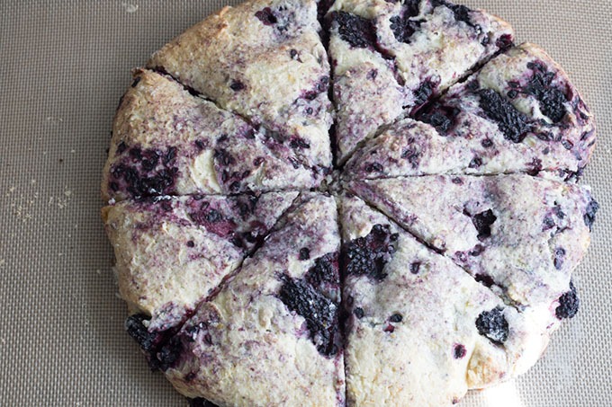 blackberry scone dough cut into triangles on silicone mat 