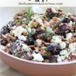 bowl of lentil feta salad with white square and text for pinterest