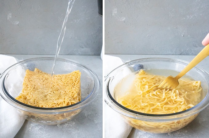 collage of noodles being made - water being poured into noodles, left image noodles being separated with a fork