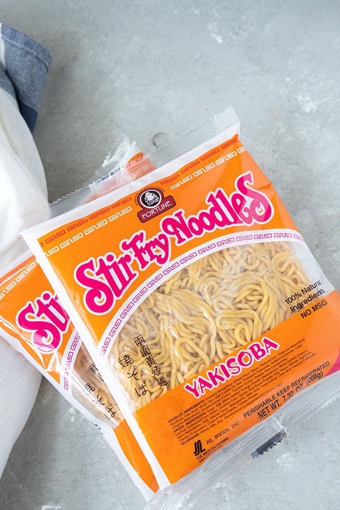 asian noodle salad - noodles on grey board in packet