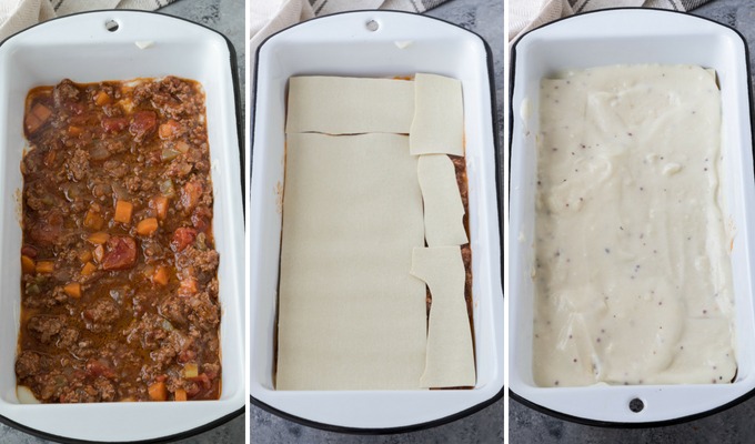 collage of beef lasagne assembly left to right - pan with meat, pan with dried pasta, pan with cheese sauce