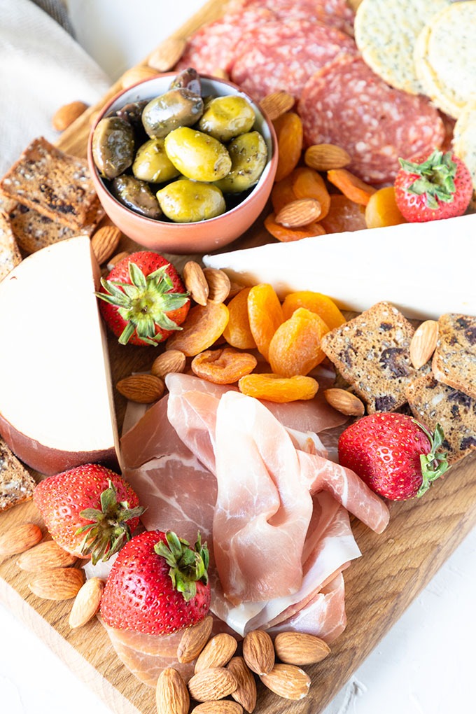 overhead of meat and cheese board