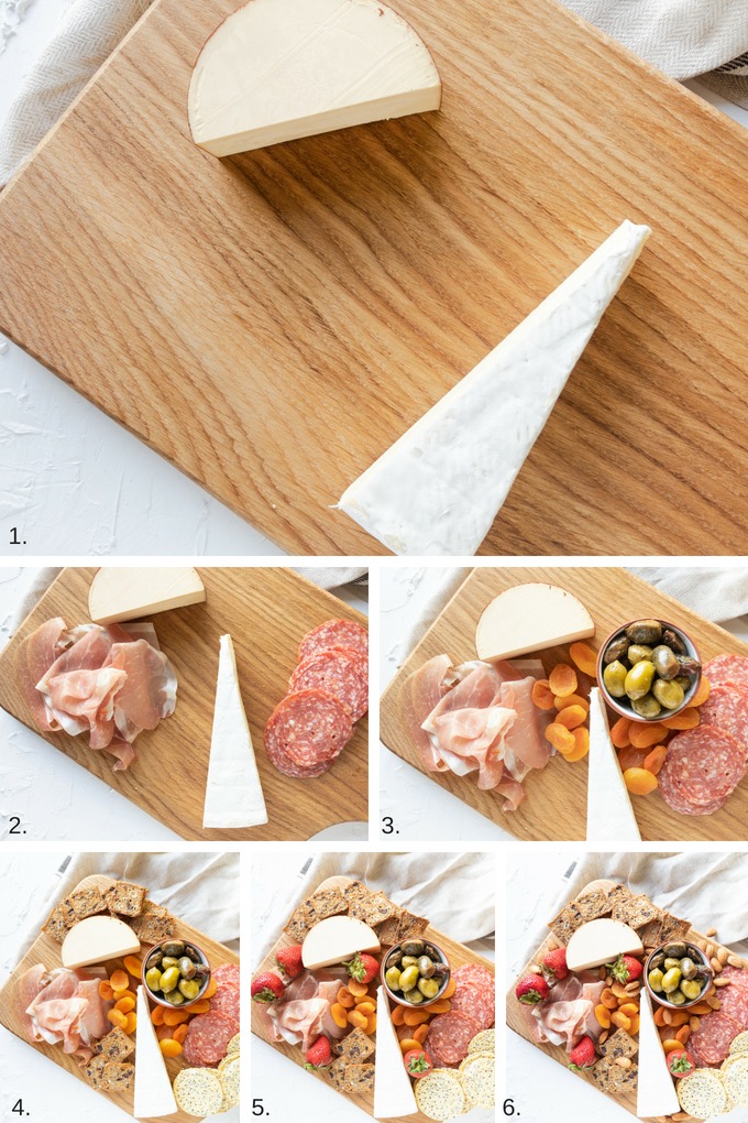 collage of how to assemble a meat and cheese board. 1. cheeses on board, 2. meats and cheese on board, 3. olives and dried apricots added, 4. crackers added to board, 5. fresh fruit added 6. nuts to fill in gaps