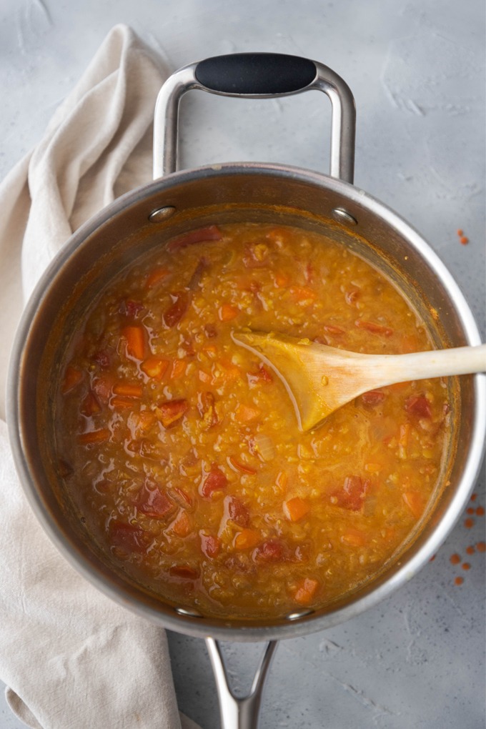 cooked lentil dal in saucepand