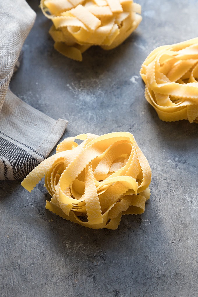 dried pappardelle on grey board