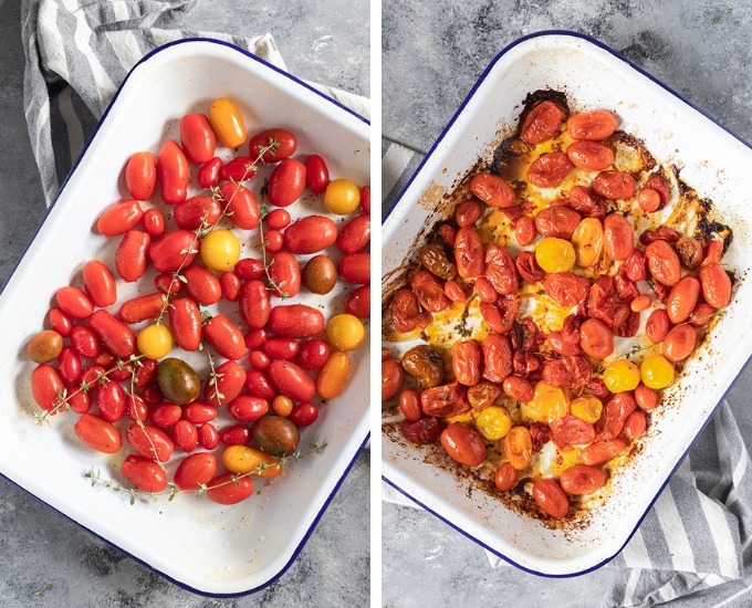 roasted tomato collage image 1 - fresh tomatoes in enamel baking tray, image 2 - roasted tomatoes in enamel tray