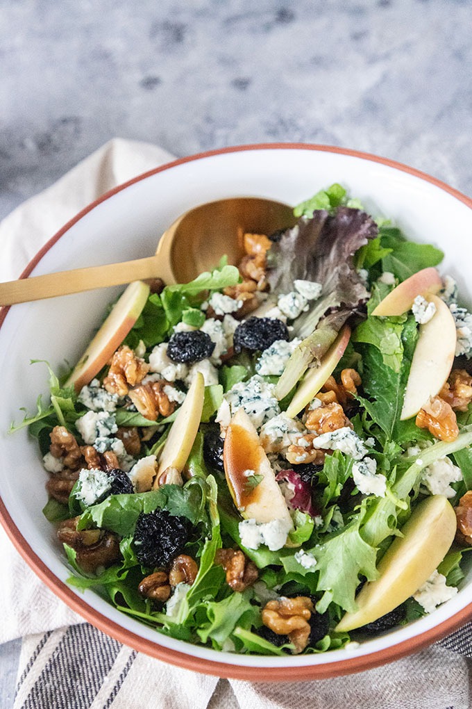fall harvest salad in brown and white bowl
