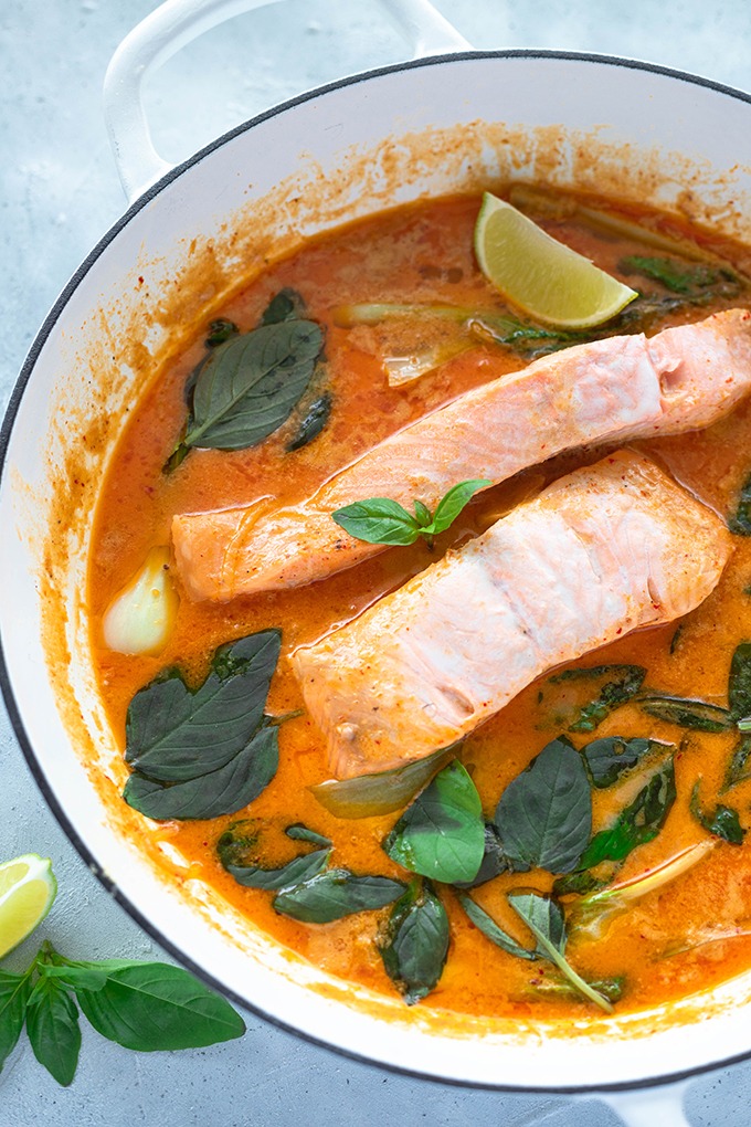 salmon curry in white pan 