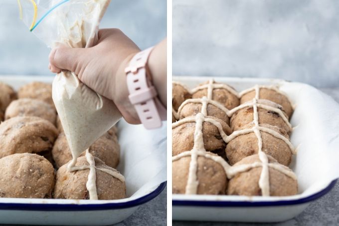 hot cross buns recipe process - piping glaze onto buns
