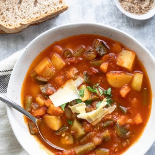 easy minestrone soup in large white bowl