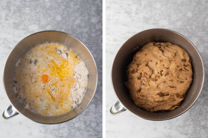 hot cross buns recipe process - before and after first rise of dough