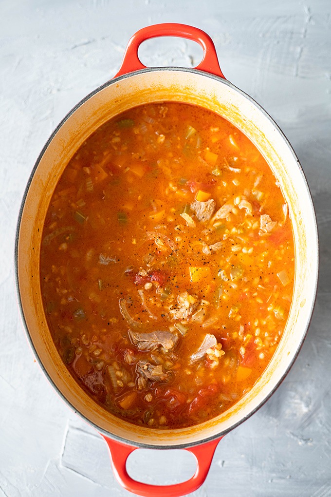 lamb shank soup in Dutch Oven 