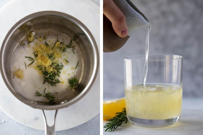 white wine spritzer simple syrup in saucepan and being poured into glass 