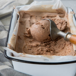 chocolate ice cream in enamel dish