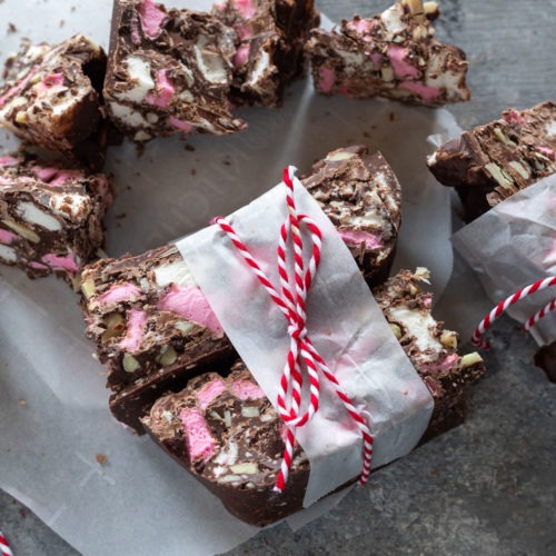 rocky road wrapped in parchment paper and ribbon