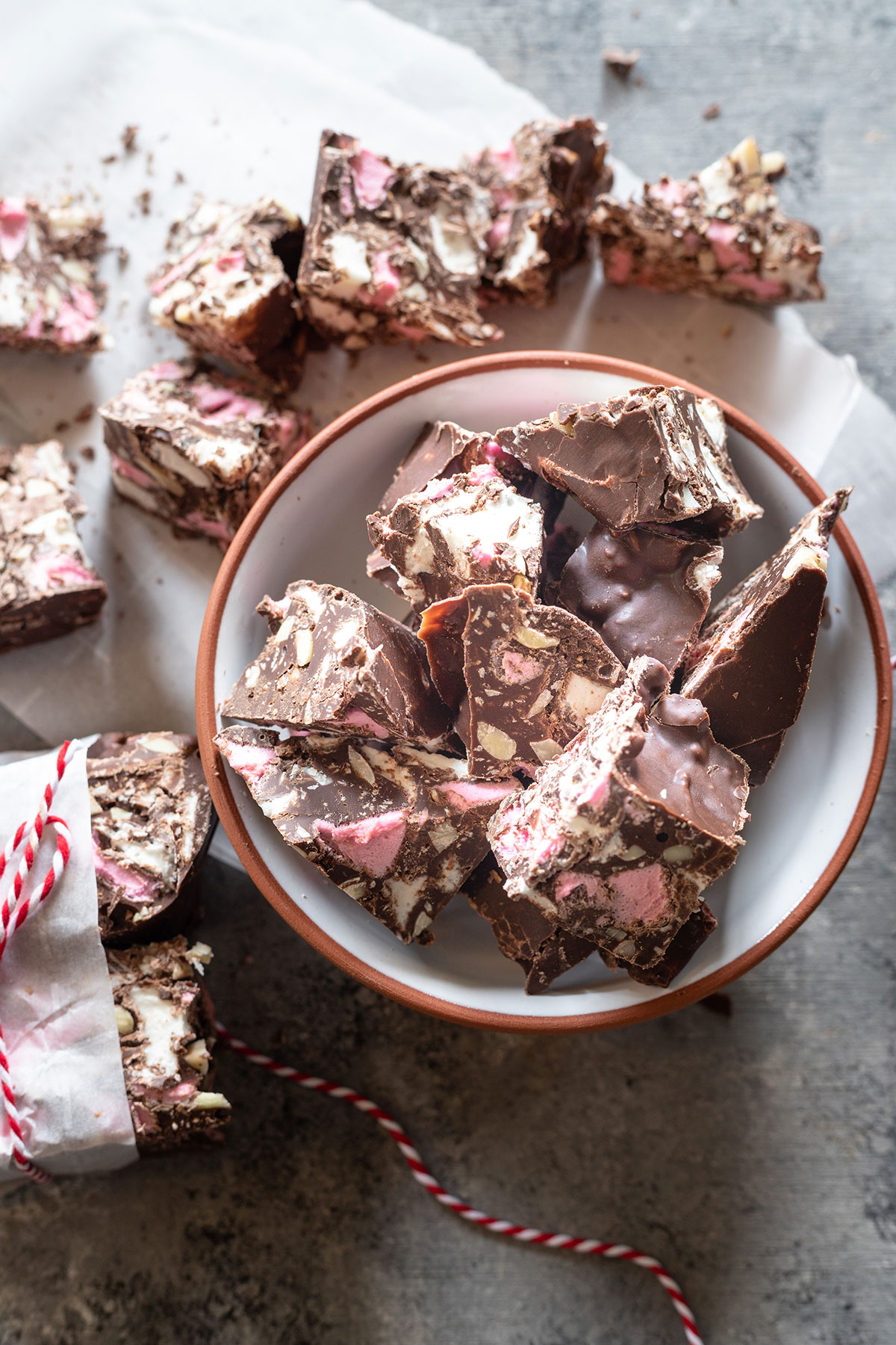 rocky road in a small bowl on white parchment paper