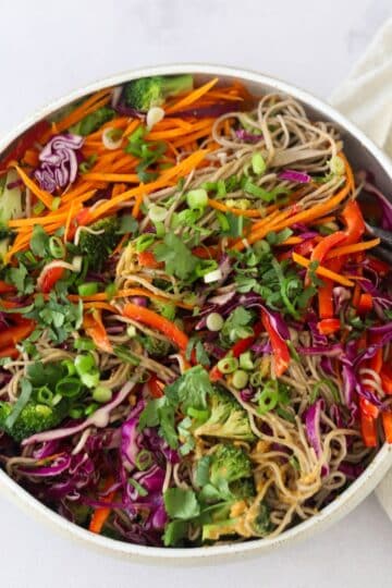 soba noodle salad in a large salad bowl