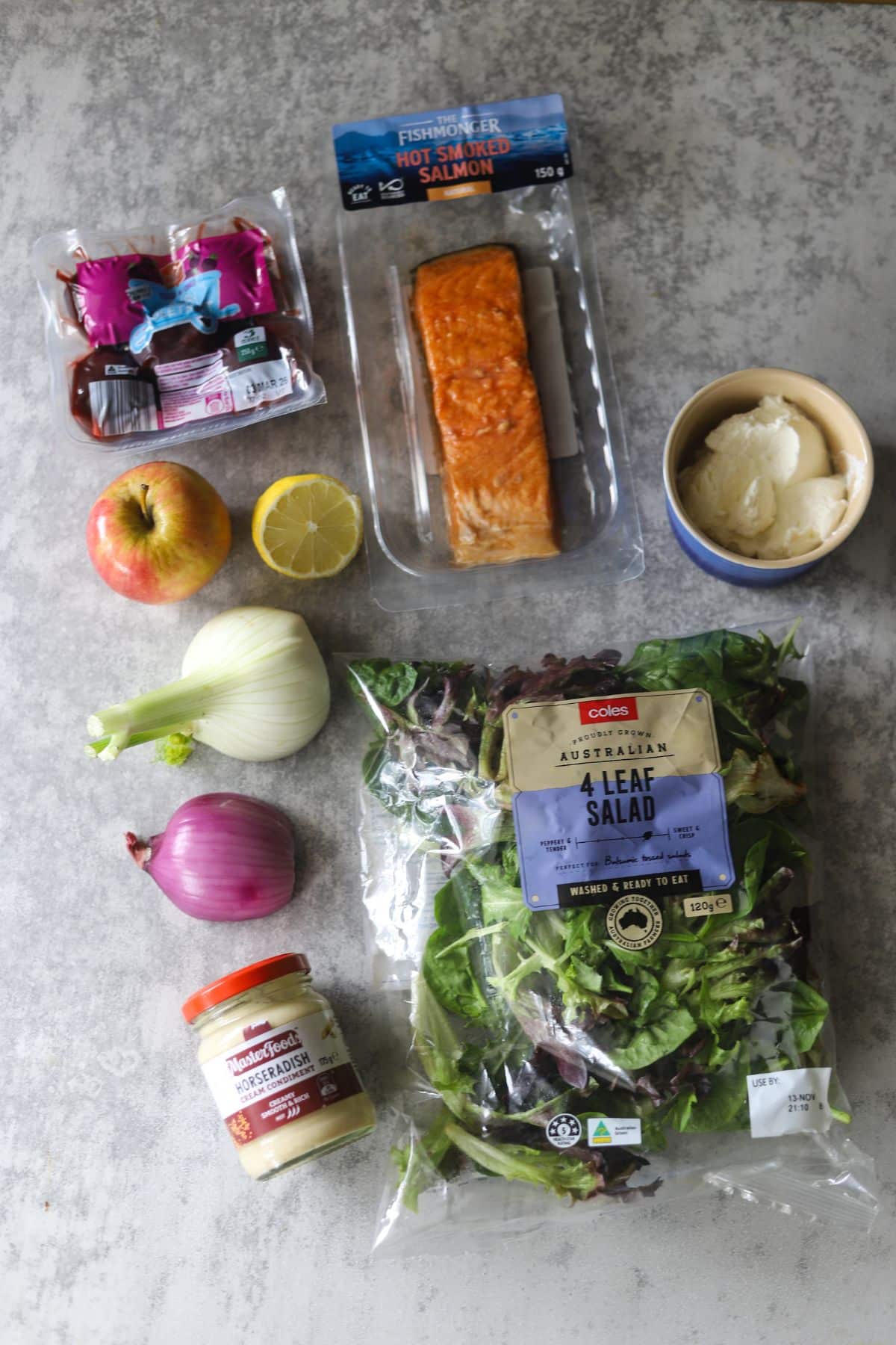 hot smoked salmon ingredients laid out on grey board