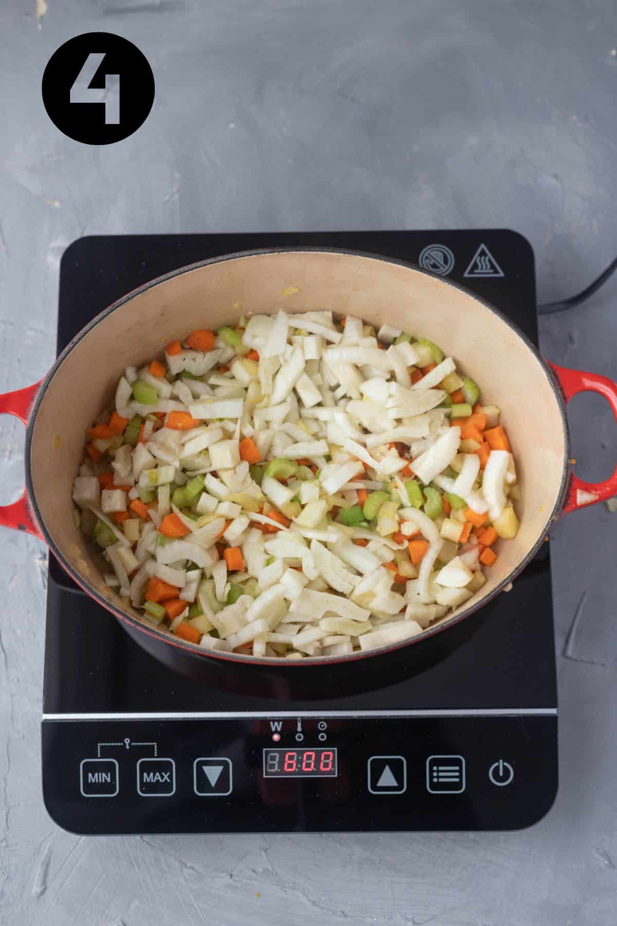 Fennel added to the celery, carrot and onion in Dutch Oven.