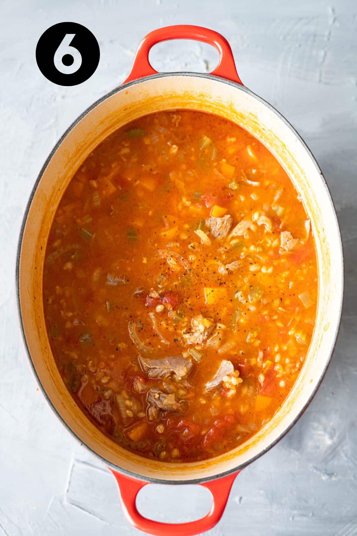 Lamb shanks and soup in large Dutch Oven.