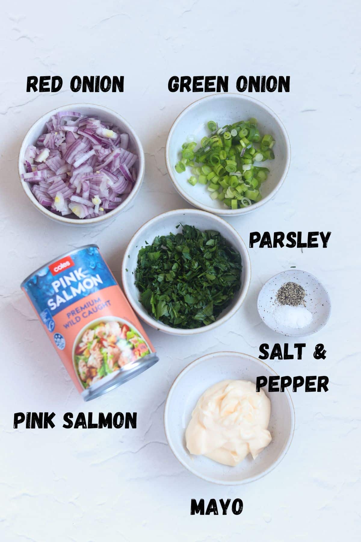 salmon dip key ingredients in small bowls. From top to bottom left to right - red onion, green onion, can of salmon, parsley, salt and pepper and mayo.